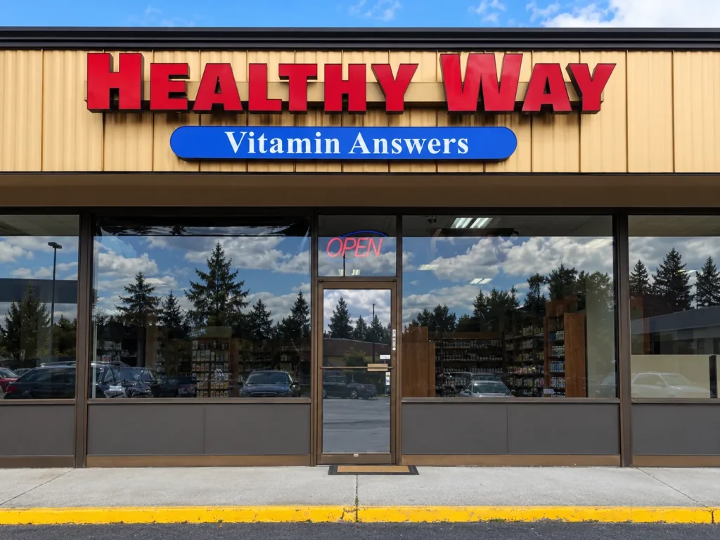 The Healthy Way storefront in Lynnwood, with the red Healthy Way sign above the entrance.